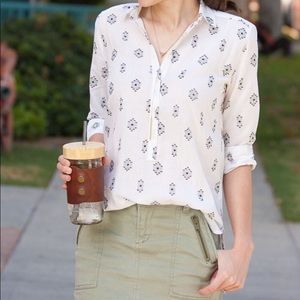 Ann Taylor LOFT The Softened Shirt White Clip Dot Long Sleeve Button Top S Small